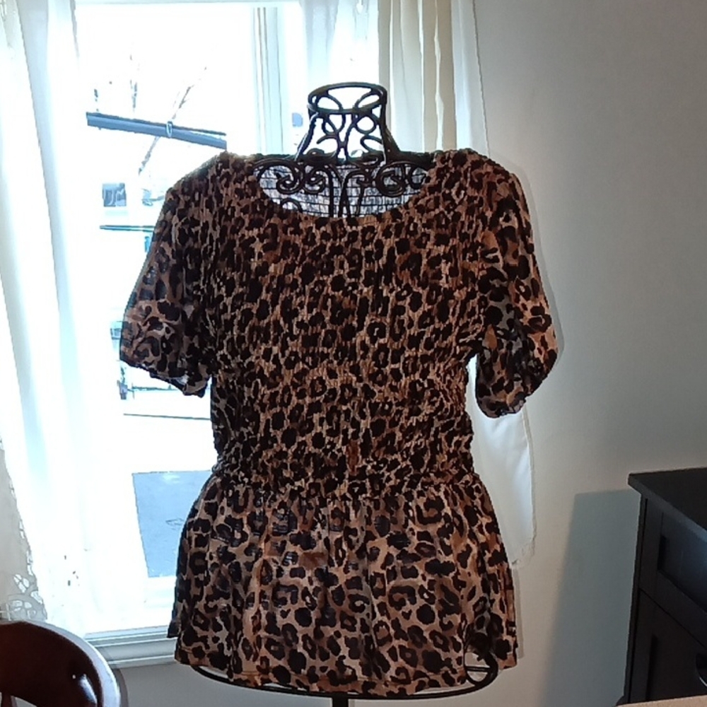Zara Leopard Print Smocked Waist Top - Brown/Black